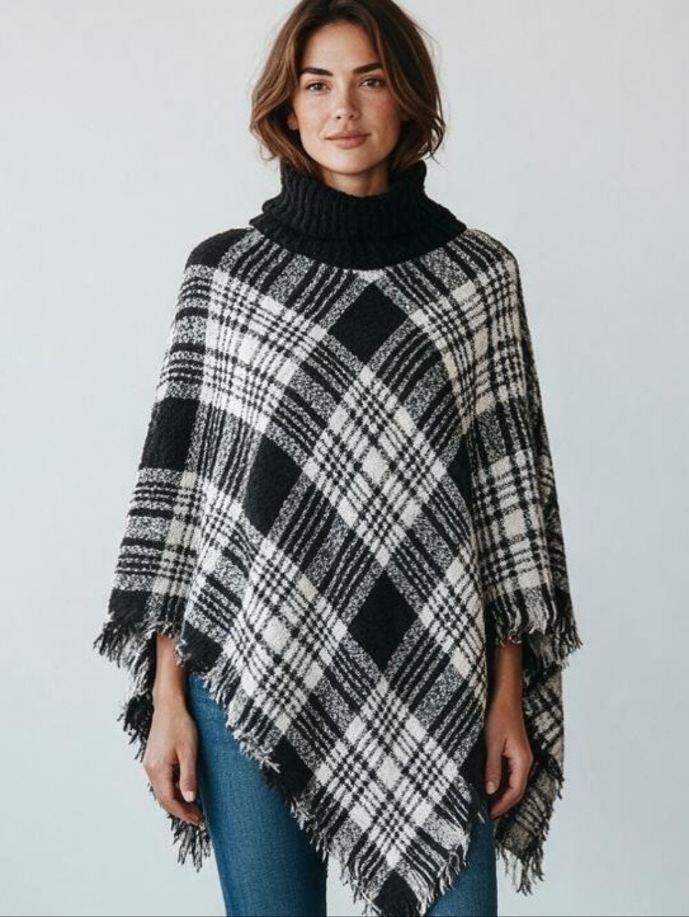 Black Amd White Plaid Turtle Neck Fringe Poncho